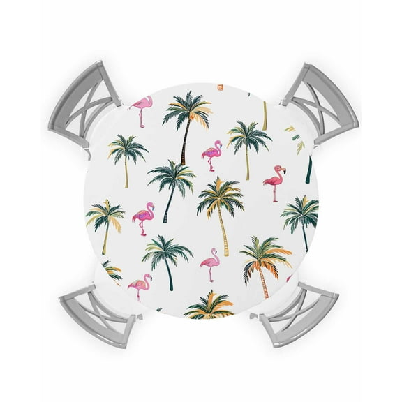 nqOlkjepod Palm Trees Round Tablecloth, Fitted Table Cover with Elastic for 55"-60" Round Tables, Watercolor Tropical Flamingo Summer Table Cloth Outdoor Indoor Dinning Party Waterproof Tablecloths