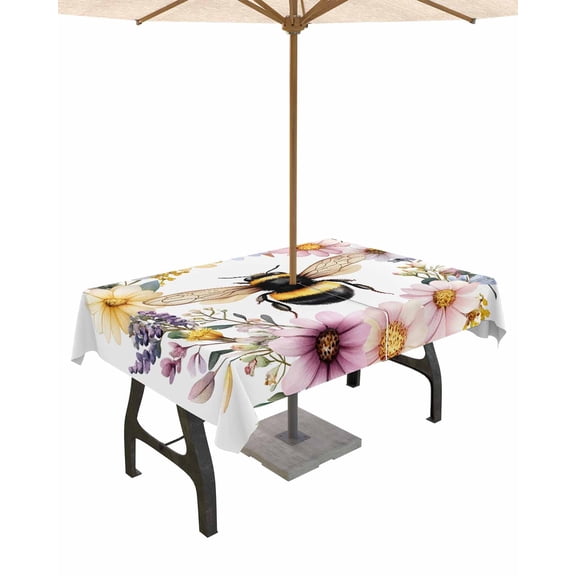 nqOlkjepod Pastoral Bee Wreath Outdoor Tablecloth with Umbrella Hole & Zipper, Spring Rustic Watercolor Flowers Rectangle Table Cover 52x70 Inch, Dining Waterproof Table Cloth Protector for Patio