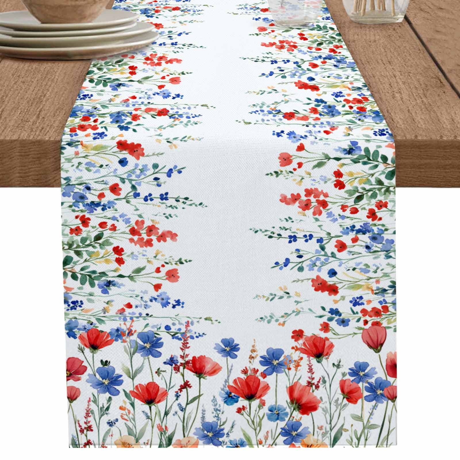 Lsrtoss Spring Floral Table Runner – 90 Inches Long, Blue Tulip Botanical Print, Cotton Linen Blend For Farmhouse Decor - View #3