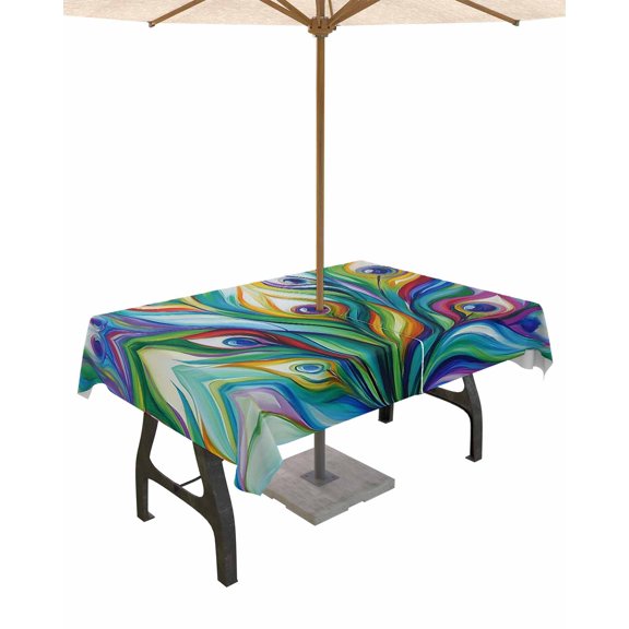 nqOlkjepod Peacock Feathers Outdoor Tablecloth with Umbrella Hole & Zipper, Abstract Art Oil Painting Rectangle Table Cover 60x102 Inch, Dining Waterproof Table Cloth Protector for Patio/Party