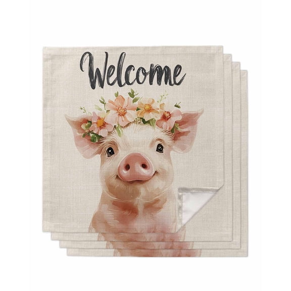 nqOlkjepod Pig Flower Garland Cloth Napkins Set of 4 Reusable Dinner Napkins, Farm Animal Cottagecore Blooms Floral Cocktail Napkin Washable Table Napkins for Wedding/Party/Baby Shower 20"x20"