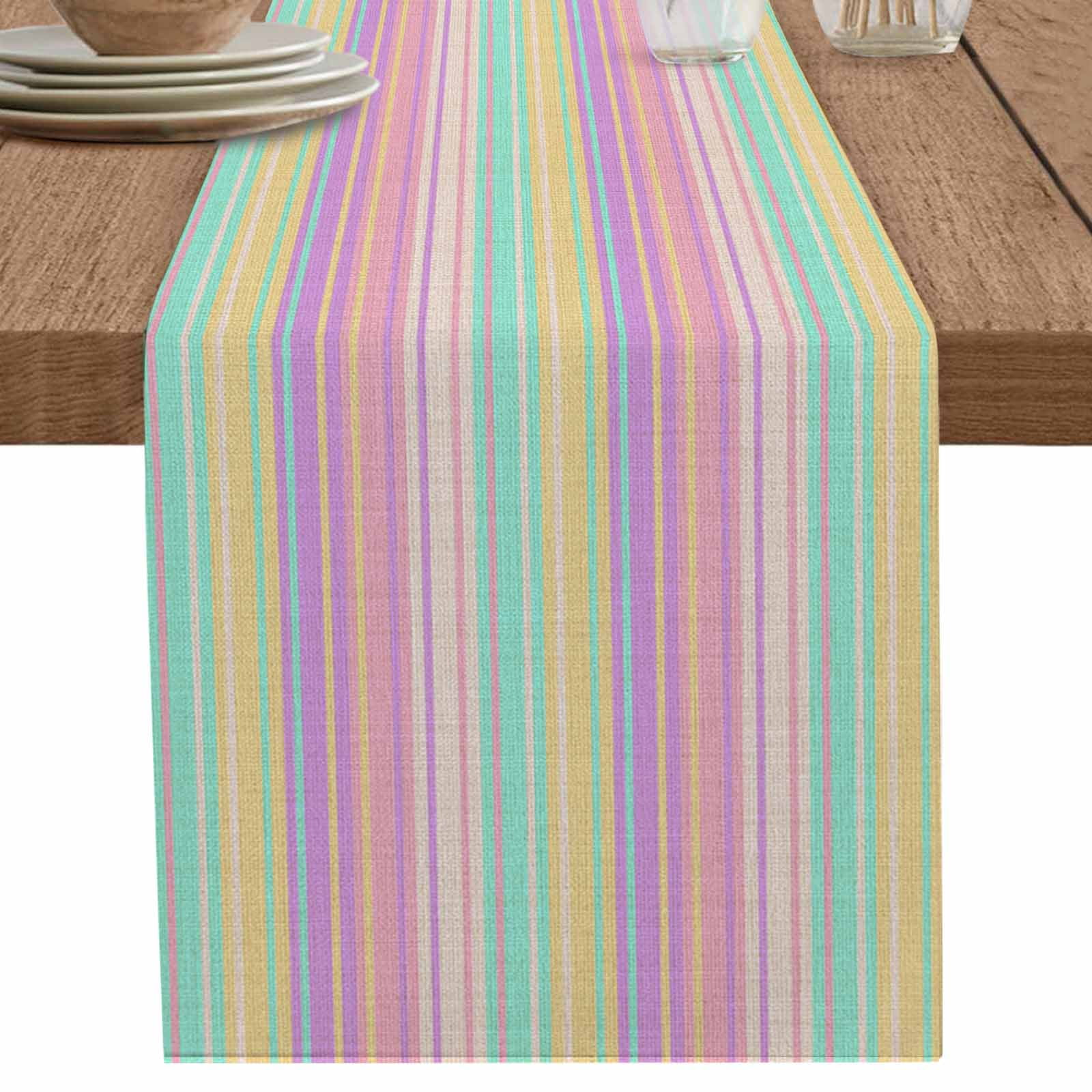 nqOlkjepod Pink Aqua Stripe Table Runner 70 Inches Long Farmhouse Dress Scarves, Yellow Geometric Country Geometric Dining Tablerunner for Coffee Table/Kitchen Island/Party Décor, 13" x 70"