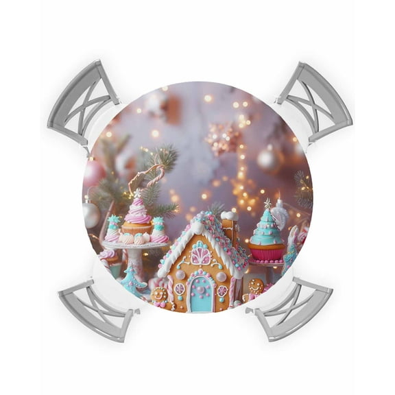 nqOlkjepod Pink Blue Christmas Round Tablecloth, Fitted Table Cover with Elastic for 55"-60" Round Tables, Xmas Candy Castle Balls Table Cloth Outdoor Indoor Dinning Party Waterproof Tablecloths