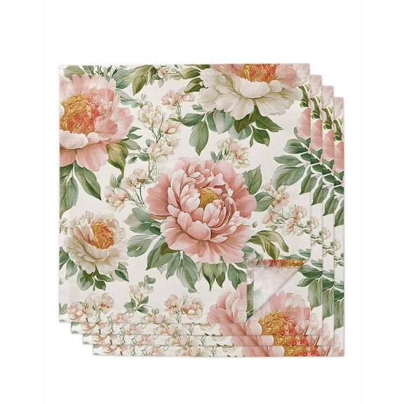 nqOlkjepod Pink Botanical Peony Cloth Napkins Set of 4 Reusable Dinner Napkins, Spring Farmhouse Floral Cocktail Napkin Washable Table Napkins for Wedding/Holiday Party/Baby Shower 20"x20"
