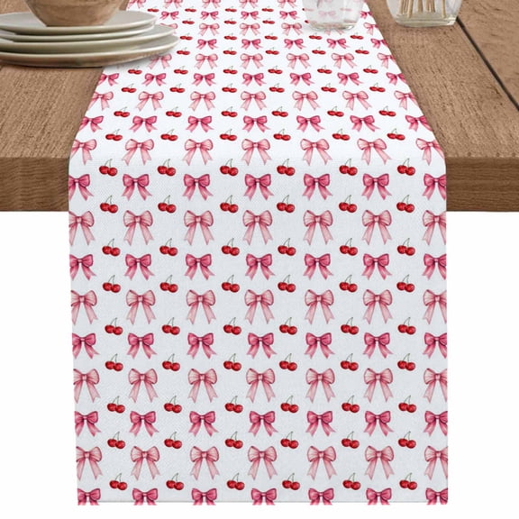 nqOlkjepod Pink Bow Cherry Table Runner 108 Inches Long Farmhouse Dress Scarves, Sweet Romantic Preppy Dining Tablerunner for Coffee Table/Kitchen Island/Party Décor, 13" x 108"