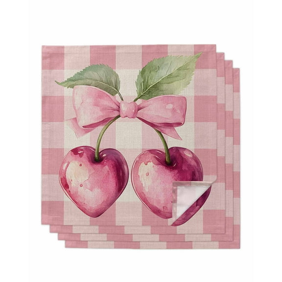 nqOlkjepod Pink Cherry Cloth Napkins Set of 4 Reusable Dinner Napkins, Pastoral Pink Check Bow Fruit Painting Cocktail Napkin Washable Table Napkins for Wedding/Holiday Party/Baby Shower 20"x20"