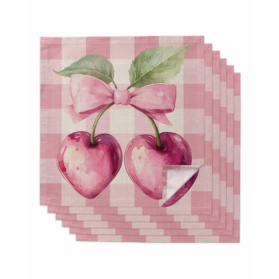nqOlkjepod Pink Cherry Cloth Napkins Set of 6 Reusable Dinner Napkins, Pastoral Pink Check Bow Fruit Painting Cocktail Napkin Washable Table Napkins for Wedding/Holiday Party/Baby Shower 20"x20"