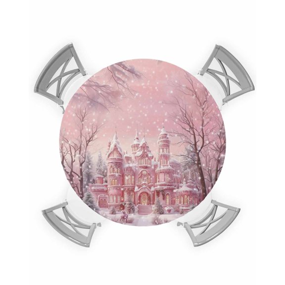 nqOlkjepod Pink Christmas Round Tablecloth, Fitted Table Cover with Elastic for 45"-54" Round Tables, Pink Town Snowflake Xmas Tree Table Cloth Outdoor Indoor Dinning Party Waterproof Tablecloths
