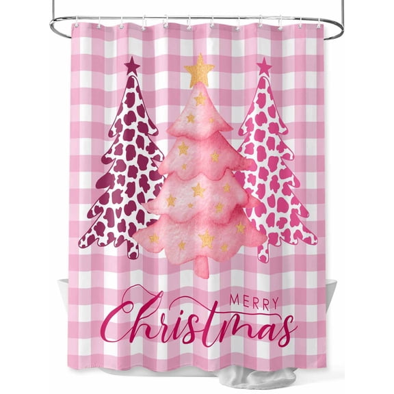 nqOlkjepod Pink Christmas Trees Shower Curtain, Waterproof Shower Curtains for Bathroom, Leopard Print Xmas Tree Winter Plaid Washable Fabric Bathtub Curtain Set Bath Decor with 12 Hooks 72"x78"