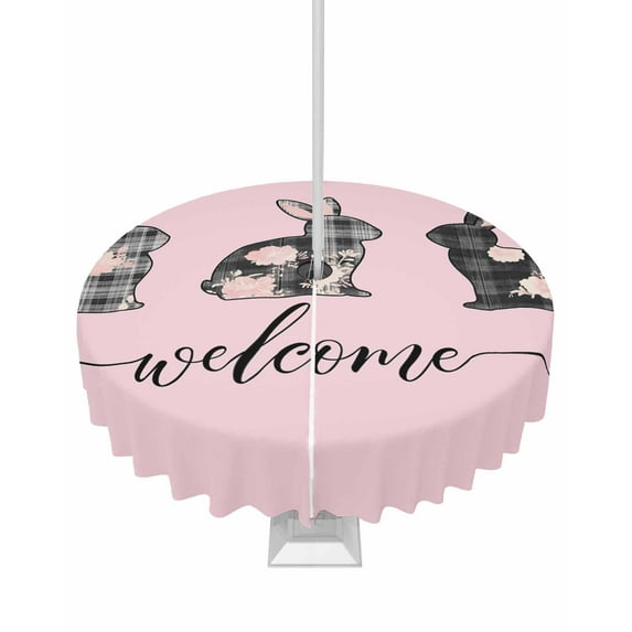 nqOlkjepod Pink Easter Outdoor Tablecloth with Umbrella Hole & Zipper, Spring Rabbit Plaid Flowers Animal Floral Round Table Cover 54 Inch, Dining Waterproof Table Cloth Protector for Patio/Party