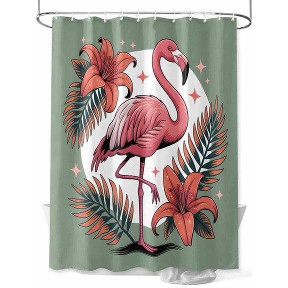 nqOlkjepod Pink Flamingos Shower Curtain, Waterproof Shower Curtains for Bathroom, Summer Palm Flower Leaf Sage Green Washable Fabric Bathtub Curtain Set Bath Decor with 12 Hooks Long 72"x84"