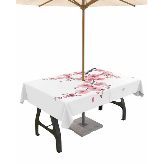 nqOlkjepod Pink Flower Outdoor Tablecloth with Umbrella Hole & Zipper, Spring Summer Botanical Floral Branches Rectangle Table Cover 60x102 Inch, Dining Waterproof Table Cloth Protector for Patio