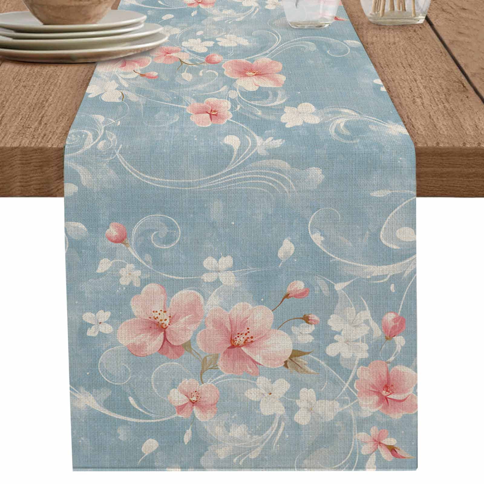 nqOlkjepod Pink Flowers Table Runner 70 Inches Long Farmhouse Dress ...