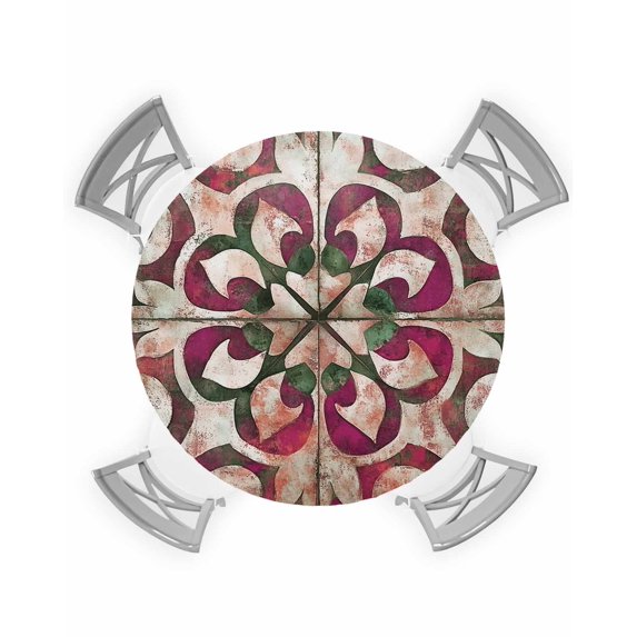 nqOlkjepod Pink Green Boho Round Tablecloth, Fitted Table Cover with Elastic for 55"-60" Round Tables, Vintage Flowers Impressionist Art Table Cloth Outdoor Dinning Party Waterproof Tablecloths