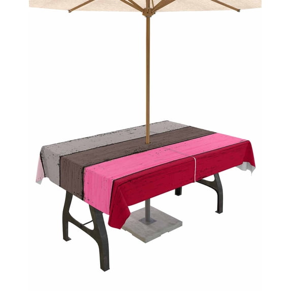 nqOlkjepod Pink Grey Outdoor Tablecloth with Umbrella Hole & Zipper, Vintage Stripe Farmhouse Wood Grain Ombre Rectangle Table Cover 52x70 Inch, Dining Waterproof Table Cloth Protector for Patio