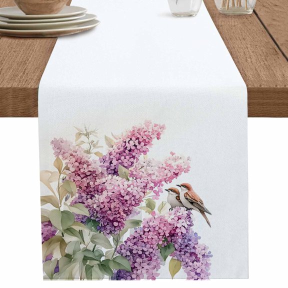 nqOlkjepod Pink Lavender Bird Table Runner 48 Inches Long Farmhouse Dress Scarves, Garden Floral Sparrow Flowers Leaf Dining Tablerunner for Coffee Table/Kitchen Island/Party Décor, 13" x 48"