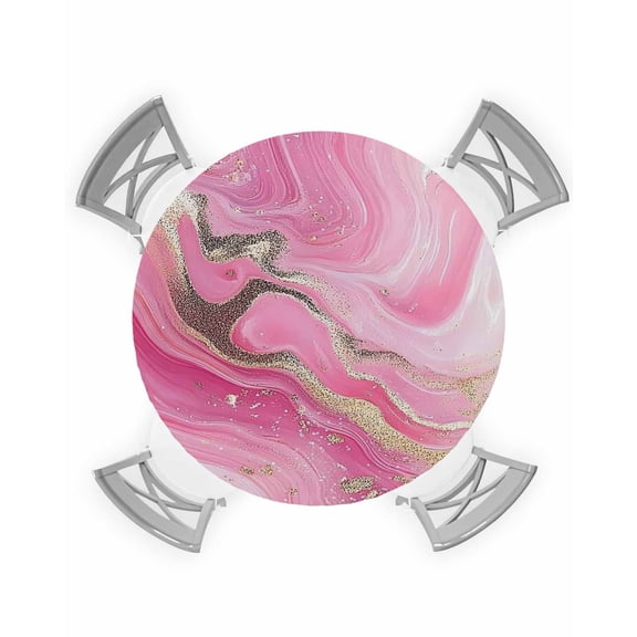 nqOlkjepod Pink Marble Round Tablecloth, Fitted Table Cover with Elastic for 36"-44" Round Tables, Golden Modern Ink Painting Abstract Table Cloth Outdoor Indoor Dinning Party Waterproof Tablecloths