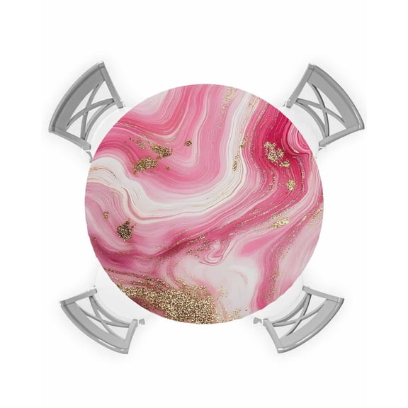 nqOlkjepod Pink Marble Round Tablecloth, Fitted Table Cover with Elastic for 36"-44" Round Tables, Modern Abstract Artwork Luxury Golden Table Cloth Outdoor Dinning Party Waterproof Tablecloths