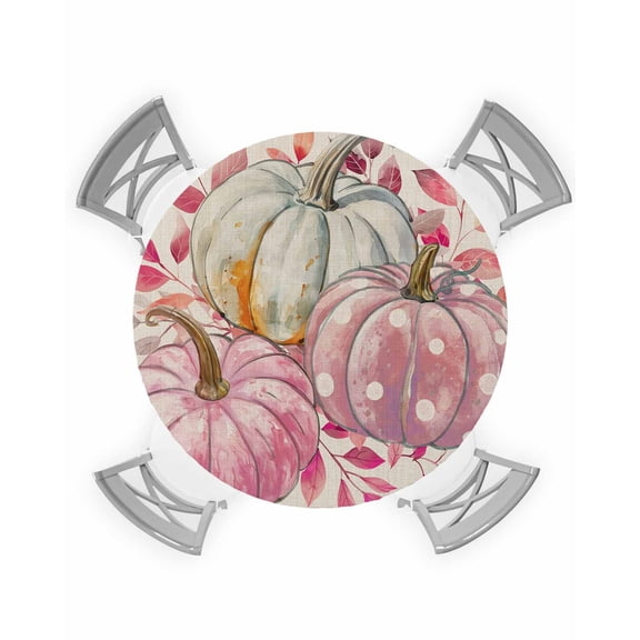 nqOlkjepod Pink Pumpkins Fall Round Tablecloth, Fitted Table Cover with Elastic for 36"-44" Round Tables, Grey Pumpkins Harvest Thanksgiving Table Cloth Outdoor Dinning Party Waterproof Tablecloths