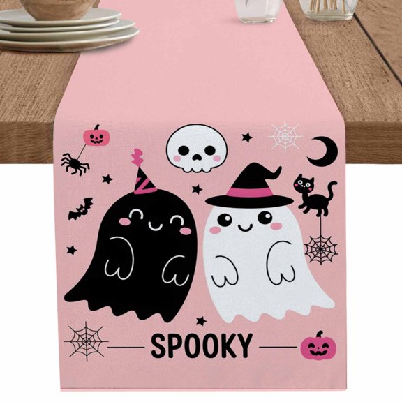 nqOlkjepod Pink Spooky Halloween Table Runner 36 Inches Long Farmhouse Dress Scarves, Funny Ghost Skeleton Black Cat Dining Tablerunner for Coffee Table/Kitchen Island/Party Décor, Small 13" x 36"