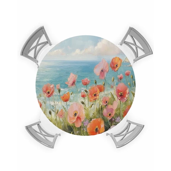 nqOlkjepod Pink Spring Floral Round Tablecloth, Fitted Table Cover with Elastic for 36"-44" Round Tables, Modern Abstract Art Oil Painting Aesthetics Table Cloth Dinning Party Waterproof Tablecloths