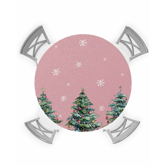 nqOlkjepod Pink Tree Christmas Round Tablecloth, Fitted Table Cover with Elastic for 36"-44" Round Tables, Xmas Snowflake Watercolor Table Cloth Outdoor Indoor Dinning Party Waterproof Tablecloths