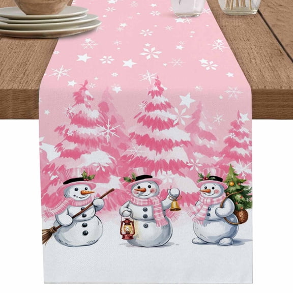 nqOlkjepod Pink White Snowman Christmas Table Runner 36 Inches Long Farmhouse Dress Scarves, Xmas Tree Snowflake Winter Dining Tablerunner for Coffee Table/Kitchen Island/Party Décor, Small 13"x36"