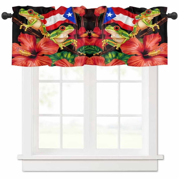 nqOlkjepod Puerto Rico Flag Farmhouse Short Window Curtain Valances, Frog Red Flower Summer Leaf Rod Pocket Kitchen Valances for Living Room Bedroom Bathroom Cafe, 1 Panel - 42" x 18"
