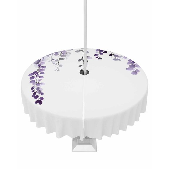 nqOlkjepod Purple Eucalyptus Leaves Outdoor Tablecloth with Umbrella Hole & Zipper, Summer Leaf Watercolor Round Table Cover 54 Inch, Dining Waterproof Table Cloth Protector for Patio/Party/Picnic