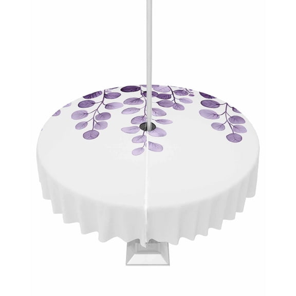 nqOlkjepod Purple Eucalyptus Leaves Outdoor Tablecloth with Umbrella Hole & Zipper, Watercolor Floral Leaf Plants Round Table Cover 54 Inch, Dining Waterproof Table Cloth Protector for Patio/Party