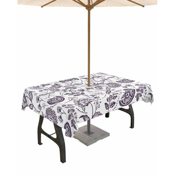 nqOlkjepod Purple Farmhouse Outdoor Tablecloth with Umbrella Hole & Zipper, Floral Floral Plant Leaf Vintage Spring Rectangle Table Cover 60x102 Inch, Waterproof Table Cloth Protector for Patio