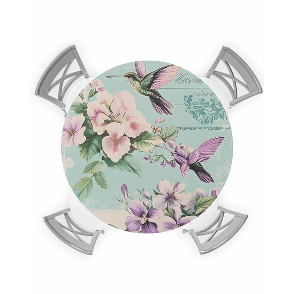 nqOlkjepod Purple Floral Blossom Round Tablecloth, Fitted Table Cover with Elastic for 36"-44" Round Tables, Spring Rustic Bird Botanical Table Cloth Outdoor Dinning Party Waterproof Tablecloths