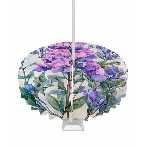 nqOlkjepod Purple Floral Outdoor Tablecloth with Umbrella Hole & Zipper, Spring Botanical Flowers Bee Leaves Round Table Cover 54 Inch, Dining Waterproof Table Cloth Protector for Patio/Party/Picnic
