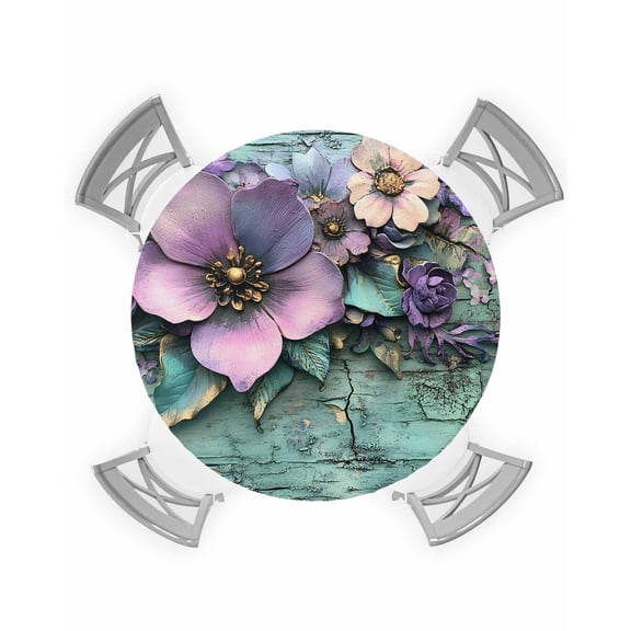 nqOlkjepod Purple Floral Round Tablecloth, Fitted Table Cover with Elastic for 36"-44" Round Tables, Spring Leaves Botanical Vintage Walls Table Cloth Outdoor Dinning Party Waterproof Tablecloths