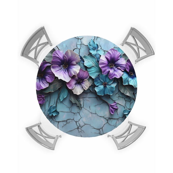 nqOlkjepod Purple Flower Spring Round Tablecloth, Fitted Table Cover with Elastic for 36"-44" Round Tables, Blue Vintage Mottled Walls Retro Table Cloth Outdoor Dinning Party Waterproof Tablecloths