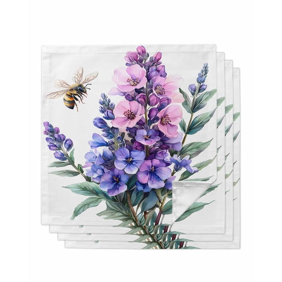 nqOlkjepod Purple Flowers Cloth Napkins Set of 4 Reusable Dinner Napkins, Watercolor Spring Bee Botanical Plants Cocktail Napkin Washable Table Napkins for Wedding/Holiday Party/Baby Shower 20"x20"