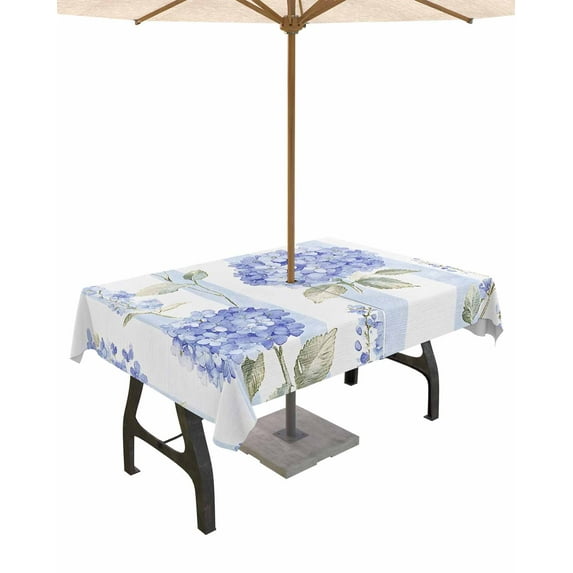 nqOlkjepod Purple Hydrangea Outdoor Tablecloth with Umbrella Hole & Zipper, Stripe Vintage Floral Rectangle Table Cover 60x102 Inch, Dining Waterproof Table Cloth Protector for Patio/Party/Picnic