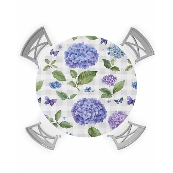 nqOlkjepod Purple Hydrangeas Round Tablecloth, Fitted Table Cover with Elastic for 45"-54" Round Tables, Botanical Garden Floral Plaid Table Cloth Outdoor Indoor Dinning Party Waterproof Tablecloths