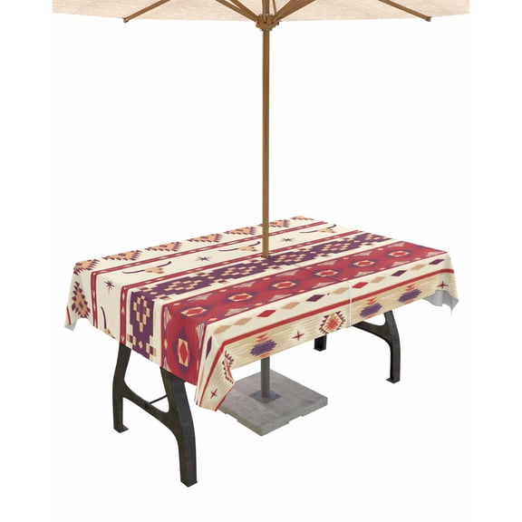 nqOlkjepod Red Beige Boho Outdoor Tablecloth with Umbrella Hole & Zipper, Farmhouse Ethnic Tribe Geometric Striped Rectangle Table Cover 60x102 Inch, Waterproof Table Cloth Protector for Patio