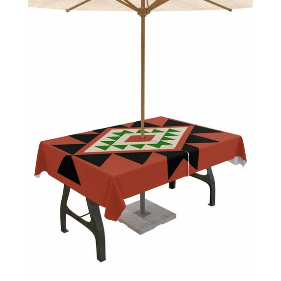 nqOlkjepod Red Black Green Boho Outdoor Tablecloth with Umbrella Hole & Zipper, Farmhouse Vintage Abstract Geometric Rectangle Table Cover 54x80 Inch, Waterproof Table Cloth Protector for Patio