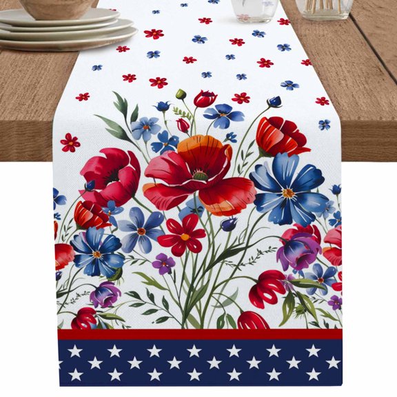 nqOlkjepod Red Blue Spring Floral Table Runner 36 Inches Long Farmhouse Dress Scarves, Independence Day Navy Blue Stars Dining Tablerunner for Coffee Table/Kitchen Island/Party Décor, Small 13"x36"