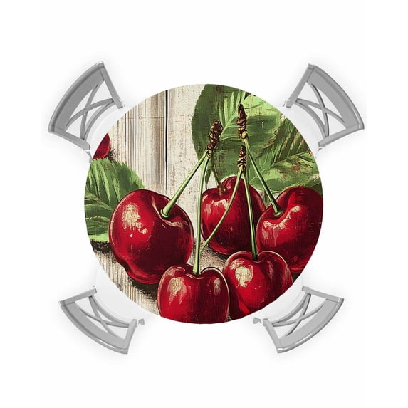 nqOlkjepod Red Cherry Round Tablecloth, Fitted Table Cover with Elastic for 55"-60" Round Tables, Vintage Summer Botanical Table Cloth Outdoor Indoor Dinning Party Waterproof Tablecloths