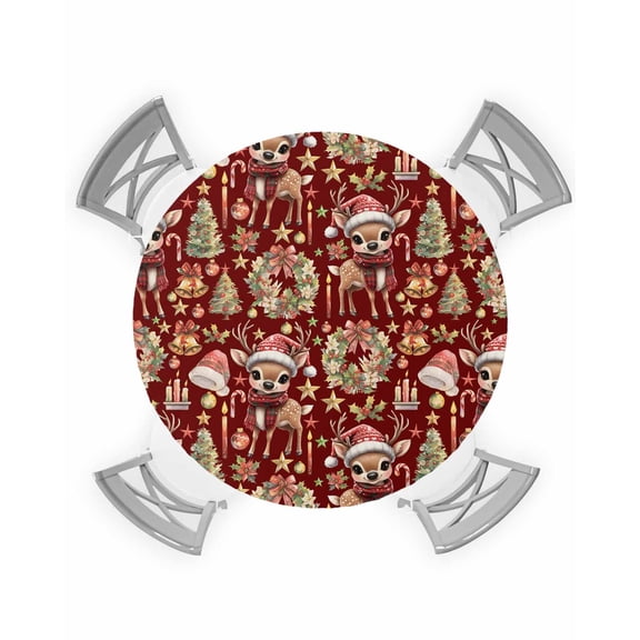 nqOlkjepod Red Christmas Round Tablecloth, Fitted Table Cover with Elastic for 55"-60" Round Tables, Elk Xmas Tree Wreath Balls Bell Table Cloth Outdoor Indoor Dinning Party Waterproof Tablecloths