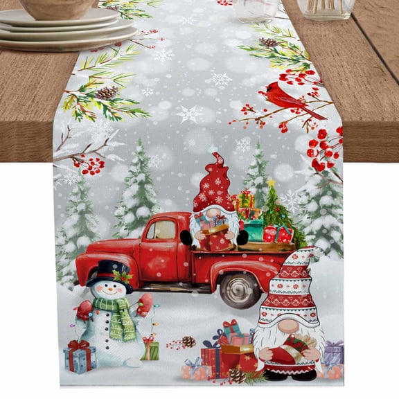 nqOlkjepod Red Christmas Table Runner 36 Inches Long Farmhouse Dress Scarves, Snowman Truck Gnomes Xmas Botanical Gifts Dining Tablerunner for Coffee Table/Kitchen Island/Party Décor, Small 13"x36"