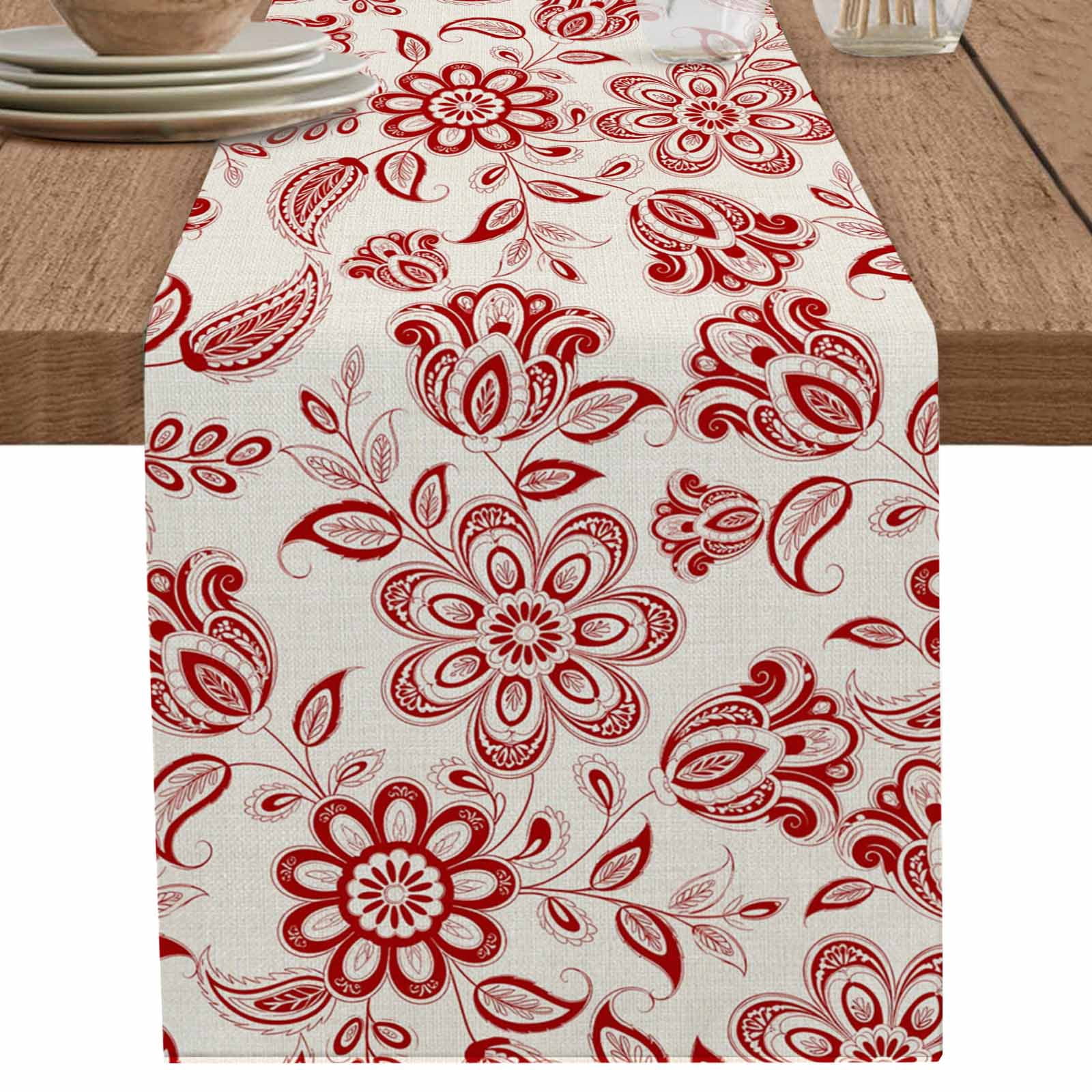 nqOlkjepod Red Flower Table Runner 70 Inches Long Farmhouse Dress Scarves, Farmhouse Pastoral Vintage Ethnic Floral Dining Tablerunner for Coffee Table/Kitchen Island/Party Décor, 13" x 70"