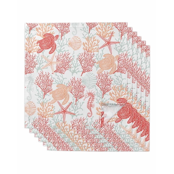 nqOlkjepod Red Orange Coastal Cloth Napkins Set of 6 Reusable Dinner Napkins, Sea Turtle Nautical Coral Summer Beach Cocktail Napkin Washable Table Napkins for Wedding/Party/Baby Shower 20"x20"