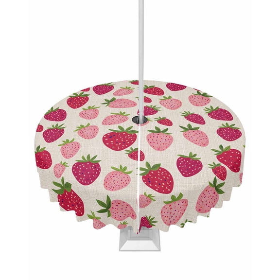 nqOlkjepod Red Pink Strawberry Outdoor Tablecloth with Umbrella Hole & Zipper, Beige Lovely Summer Spring Fruit Round Table Cover 54 Inch, Dining Waterproof Table Cloth Protector for Patio/Party