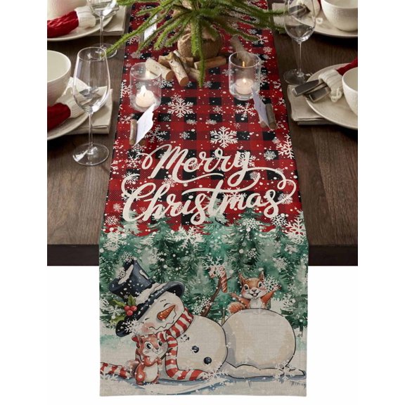 nqOlkjepod Red Plaid Snowman Christmas Table Runner 48 Inches Long Farmhouse Dress Scarves, Xmas Tree Rustic Snowflake Dining Tablerunner for Coffee Table/Kitchen Island/Party Décor, 13" x 48"
