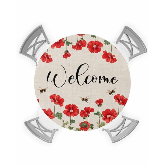 nqOlkjepod Red Spring Floral Round Tablecloth, Fitted Table Cover with Elastic for 36"-44" Round Tables, Welcome Botanical Farmhouse Table Cloth Outdoor Indoor Dinning Party Waterproof Tablecloths