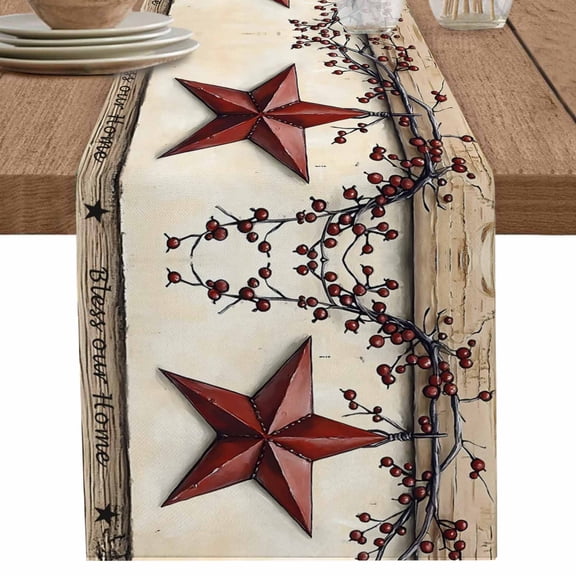 nqOlkjepod Red Texas Star Rustic Table Runner 48 Inches Long Farmhouse Dress Scarves, Country Star Berries Wooden Dining Tablerunner for Coffee Table/Kitchen Island/Party Décor, 13" x 48"